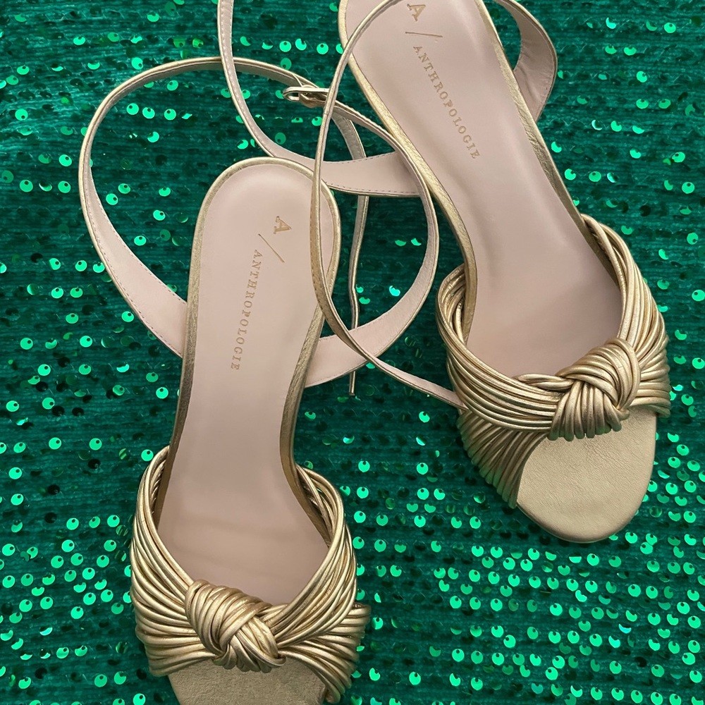 Anthropologie Gold Heeled Sandals with Knotted Design